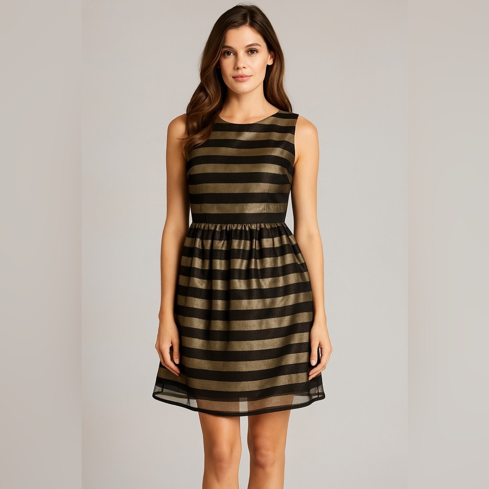 218 Esley Black & Gold Striped Fit-and-Flare Dress - Size S